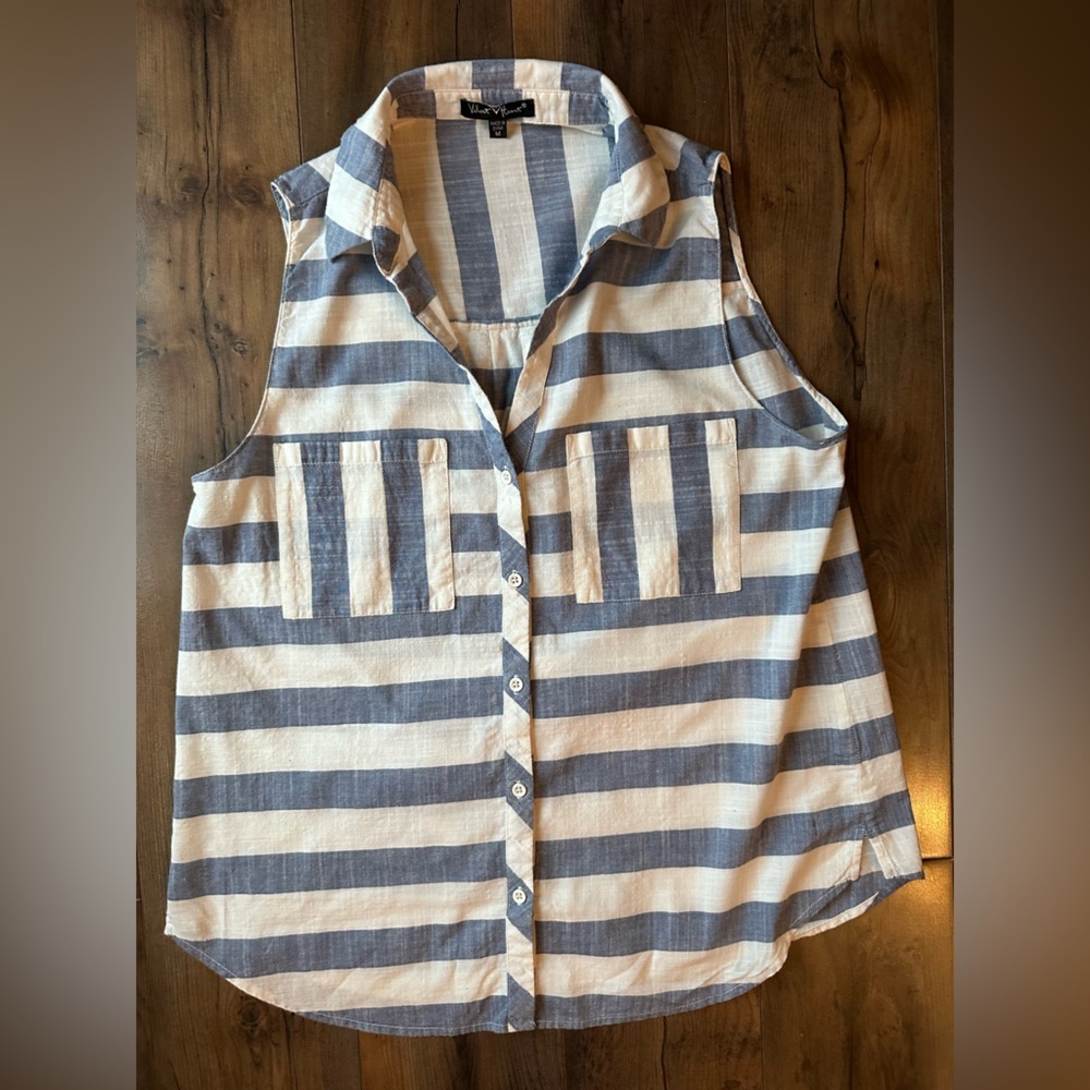 Velvet Heart Striped Linen Blend Tunic Top Oversized Coastal Pocket Shirt